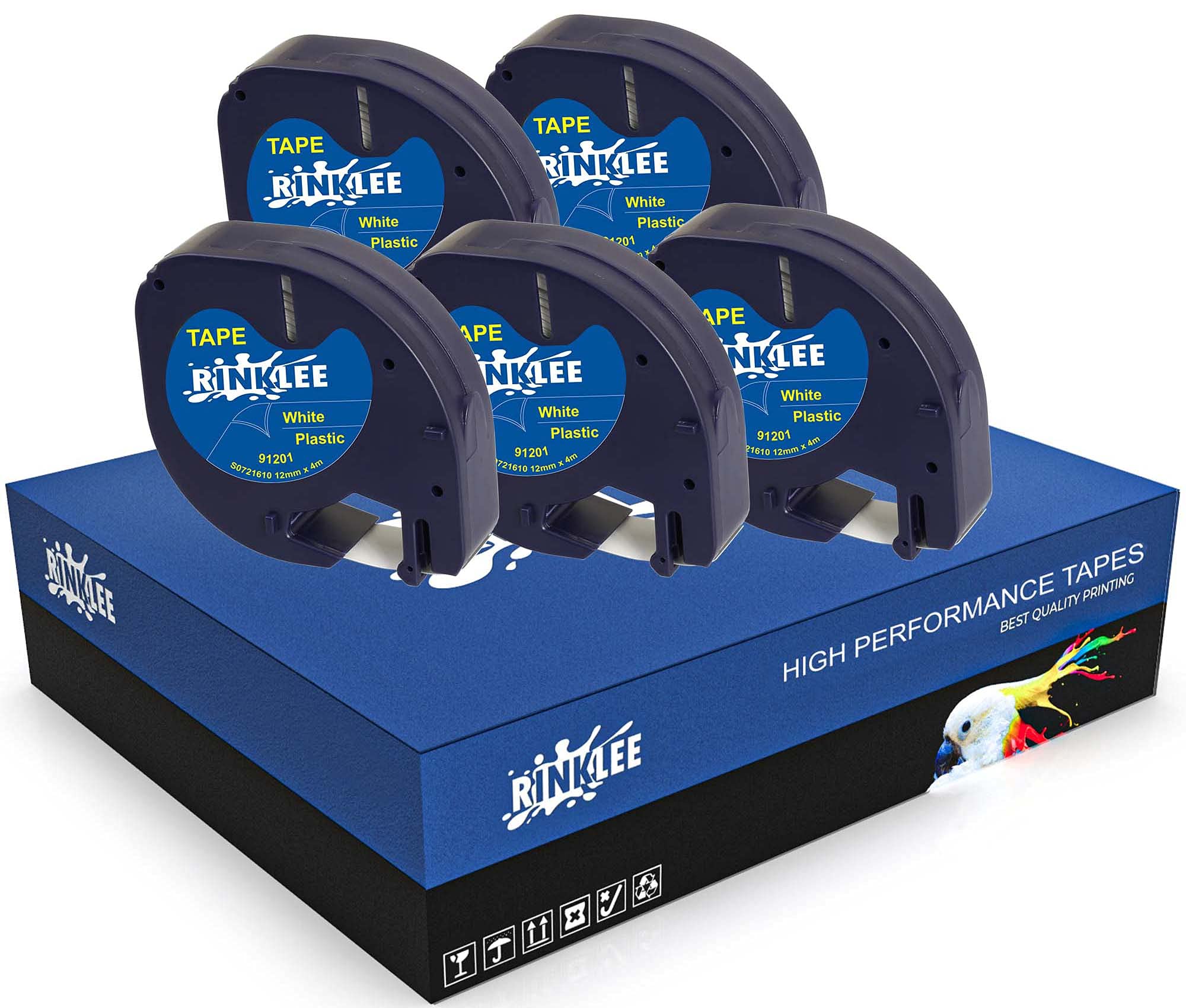 RINKLEE Black on White Plastic Label Tape Compatible with LetraTag LT-100H LT-100T LT-110T QX50 XR XM 2000 Plus | 12 mm x 4 m | 5-Pack