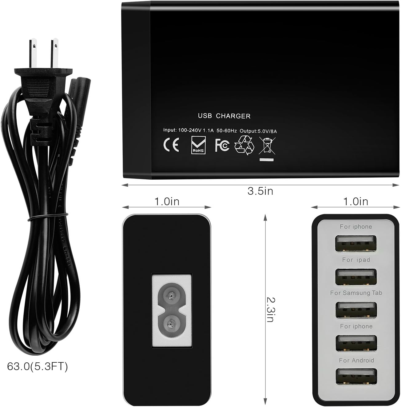 Pezin & Hulin USB Charger Multi Port Hub, 40W 8A Desktop USB Charging Station for Multiple Devices, Portable 5 Port USB Wall Charger Compatible with Cell Phone, Android Phone Product, Tablet and More: Electronics