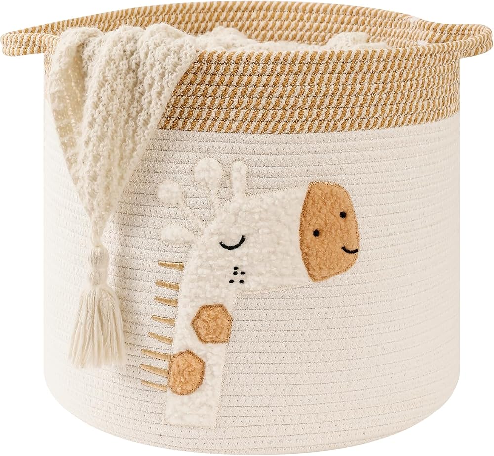 INough Large Giraffe Embroidered Cotton Rope Blanket Basket 14x14