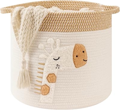 INough Large Giraffe Embroidered Cotton Rope Blanket Basket 14x14