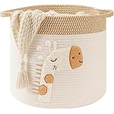Large Blanket Baskets for Living Room Decor, Toy Storage Baskets Woven Cotton Rope Storage Basket for Kids, Dog Toys Organizer Clothes Hamper with Embroidery Decor for NurseryLaundry (Large, Giraffe)