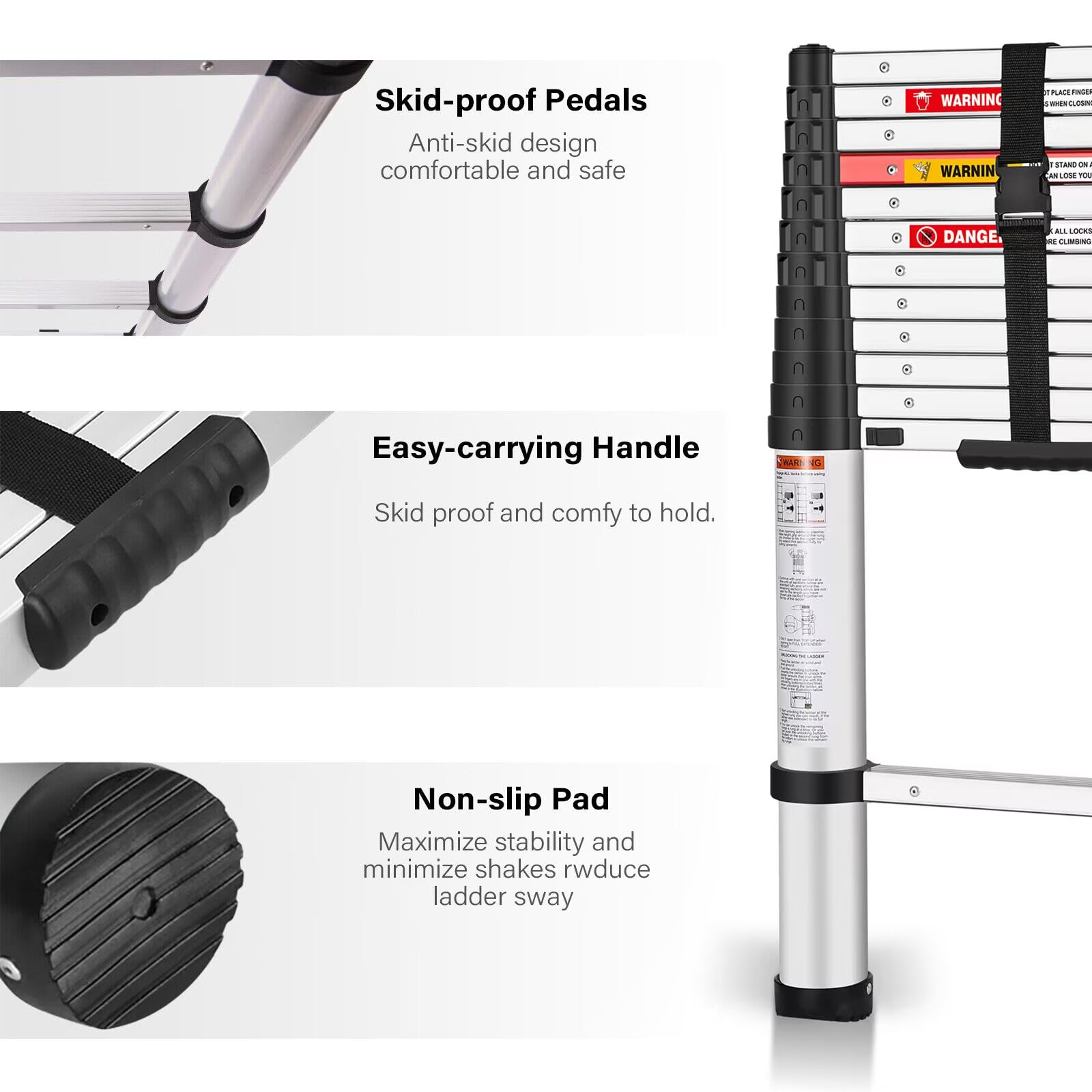 Yvan Telescoping Ladder,12.5 FT One Button Retraction Aluminum Telescopic Extension Extendable Ladder,Slow Down Design Multi-Purpose Ladder for Household Daily or Hobbies,250 Lb Capacity