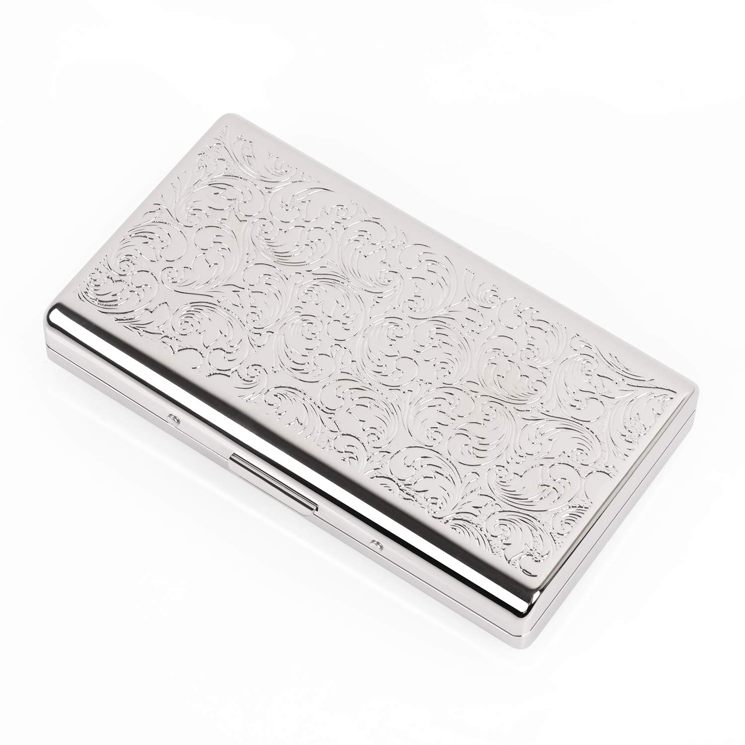 Retro Metal Cigarette Case Box -Double Sided Spring Clip Open Pocket Holder for 14 100s Cigarettes, Credit Card Holder Protective Security Wallet for Men and Women (Silver)
