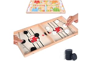 ZDSYZXB 2 in 1 Fast Sling Puck Game, Large Wooden Hockey Games and Ludo Board Game, Air Hockey Table Family Games for Kids and Adults, Hockey Board Game with 10 Pucks and 16 Flying Chess Pieces