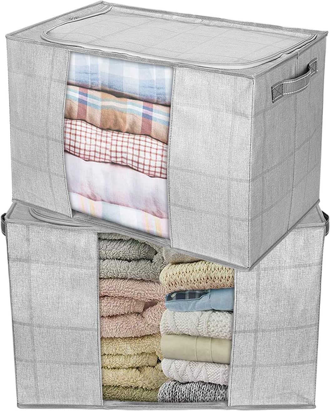 VENO Over-Sized Clothes Storage Bag Organizer with Strong Handle, Side Cardboard for Comforters, Blankets, Bedding, Foldable with Sturdy Zipper, Clear Window, 22 Gal, Gray, Made of Recycled Material