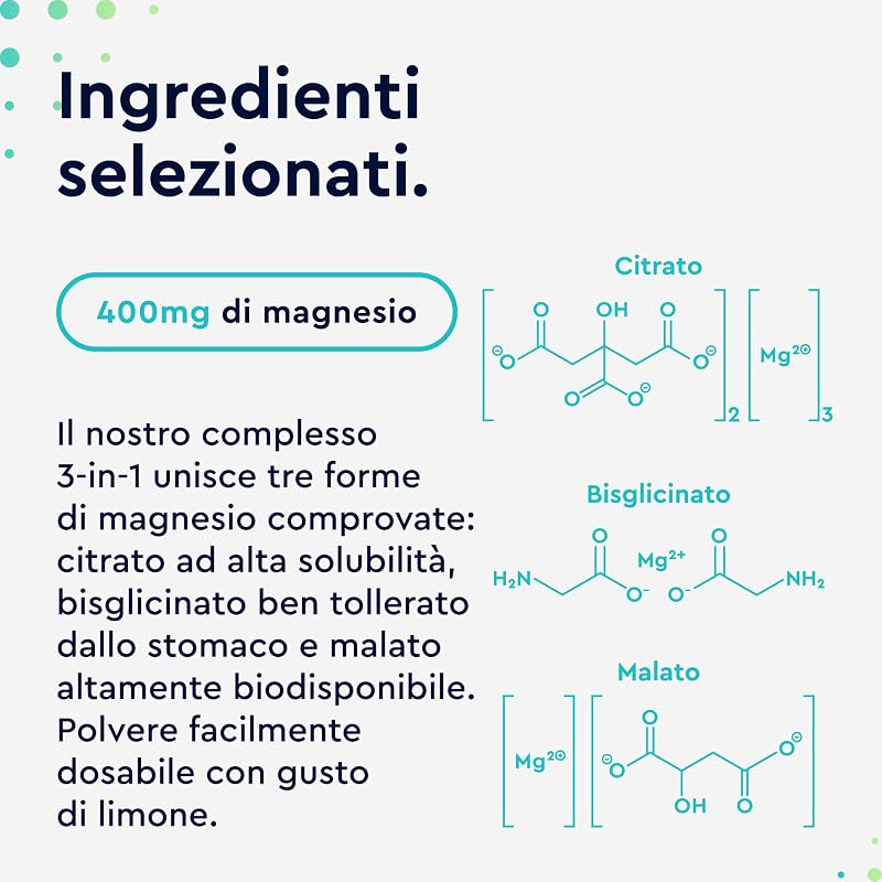 Magnesio Completo in Polvere 600g, Eletto PRODOTTO DELL'ANNO 2025, Bisglicinato, Citrato, Malato ad alto Dosaggio, Facile da sciogliere, Per Muscoli, Nervi, Equilibrio elettrolitico, Sapore di Limone — foto 4 di 8
