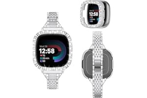 MOFREE Compatible for Fitbit Versa 4 Bands/Fitbit Sense 2 Bands Women with Hard Bling Bumper Protective Case Cover, Dressy Jewelry Diamond Rhinestone Metal Wristband for Fitbit Versa 4/Sense 2 Sliver