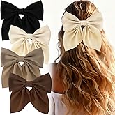 STSTR 4 Pcs Hair Bow Clips for Women, Elegant Bow Hair Barrettes, Silky Satin Short Tail Bows Decoration for Daily Use or Christmas (Black, White, Dark Brown, Light Brown)