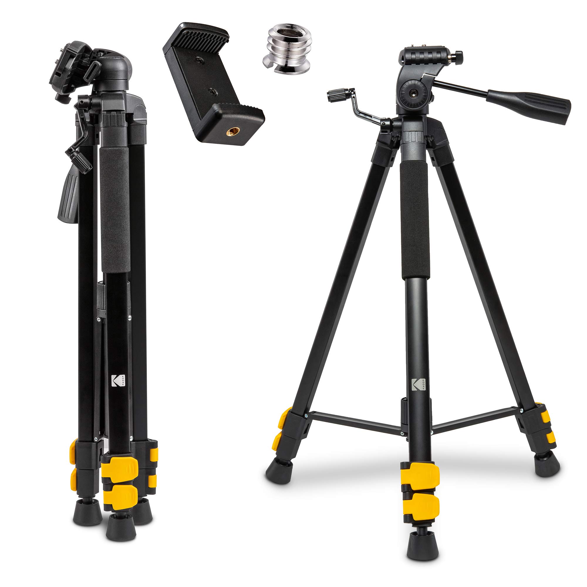 KODAK PhotoGear 62" Lightweight Tripod | Compact 3-Section Flip-Lock Aluminum Tripod Adjusts 22”-62”, QuickRelease Plate, Smartphone Adapter & 1/4” to 3/8” Screw, Bubble Level, Carry Case, E-Guide