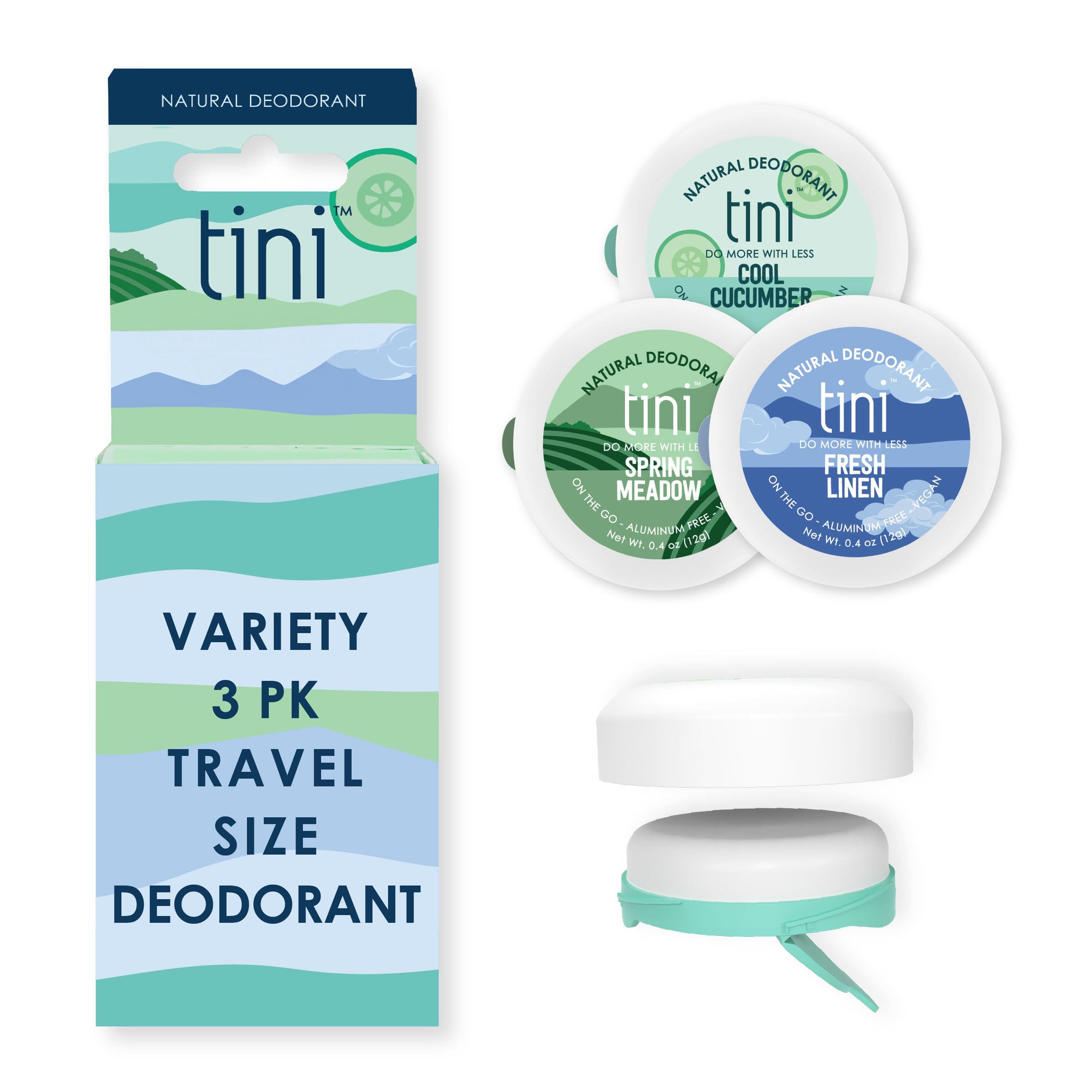 Photo 1 of ***MISSING PART***
Tini Naturals Mini Travel Size Deodorant Trio Variety Pack, Aluminum Free Shea Butter & Coconut Oil Deodorant, Fresh Linen, Cool Cucumber and Spring Meadow Scents, 0.4 oz each (3 Pack)