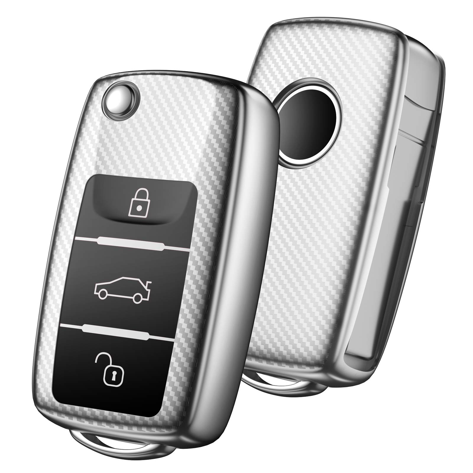 OATSBASF Car Key Cover Compatible with VW,Key Protective Case for VW Golf 4 5 6 Polo Skoda Seat TPU Silicone 3 Buttons Box (Silver-Stripe)