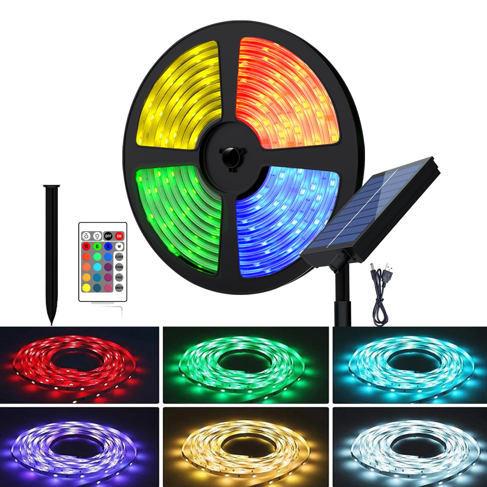 Photo 1 of 32.8FT Solar Outdoor LED Strip Light, Solar Garden RGB Strip Light Decoration, IP66 Waterproof Decorative Rope Lights with Remote Control for Yard Trees Garden (10M A Sets with Adhesive, 2nd Gen)