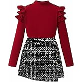 Coaturi Girl Fall Clothes Sets: 2 Piece Fall Winter Outfit Long Sleeve Ruffle Top Mini Plaid Skirt for Tween Girl 8-12 Years