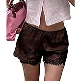 UAURORAO Women Satin Silk Shorts Lace Trim Patchwork Mini Micro Shorts Silky Low Rise Coquette Lounge Slip Bottoms