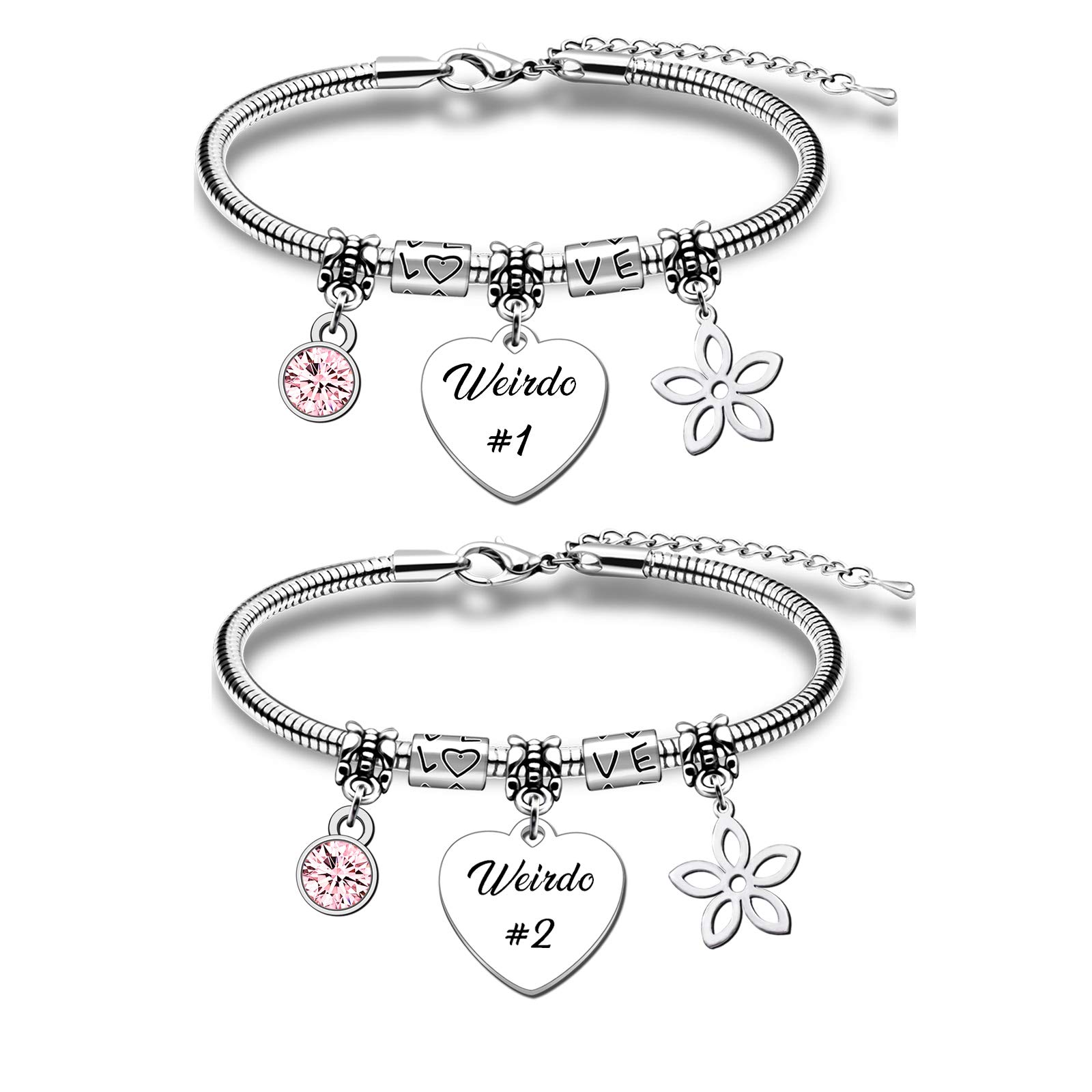 QMVMV 2 PCS Charm Funny Weirdo 1 And Weirdo 2 Bracelets For Women Girls Best Friends Sisters Birthday Christmas New Year Friendship Jewellery Gifts Silver
