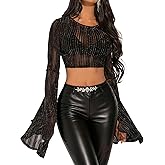 QIANZHIDU Women's Crewneck Mesh Sheer Stripe Bell Long Sleeve Crop Blouse Shirt Club Top