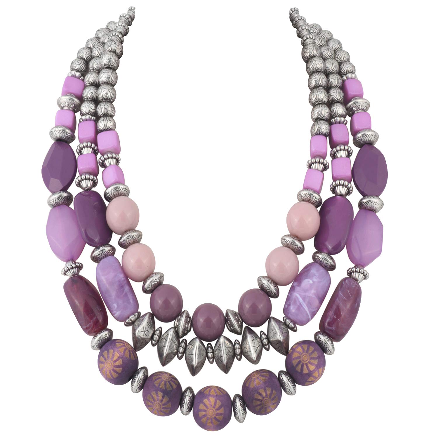 Bocar 3 Layer Chunky Statement Beaded Necklace Fashion Multi Layer Women Collar Necklace(NK-10625-Grape Purple)