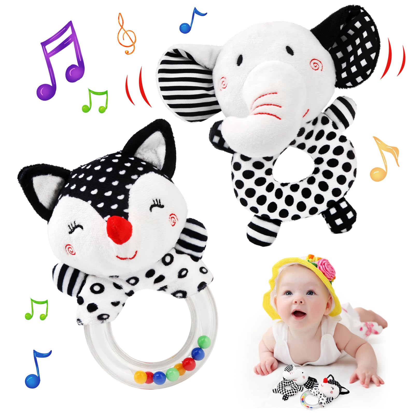 JoyLife Baby Sensory Toys,Black and White Soft Rattles Plush Animal Toys,High Contrast Baby Toys,Newborn Sensory Non-Toxic Plush Baby Rattle Hand Grip Toys for 0 3 6 9 12 Month Infant Boys Girls
