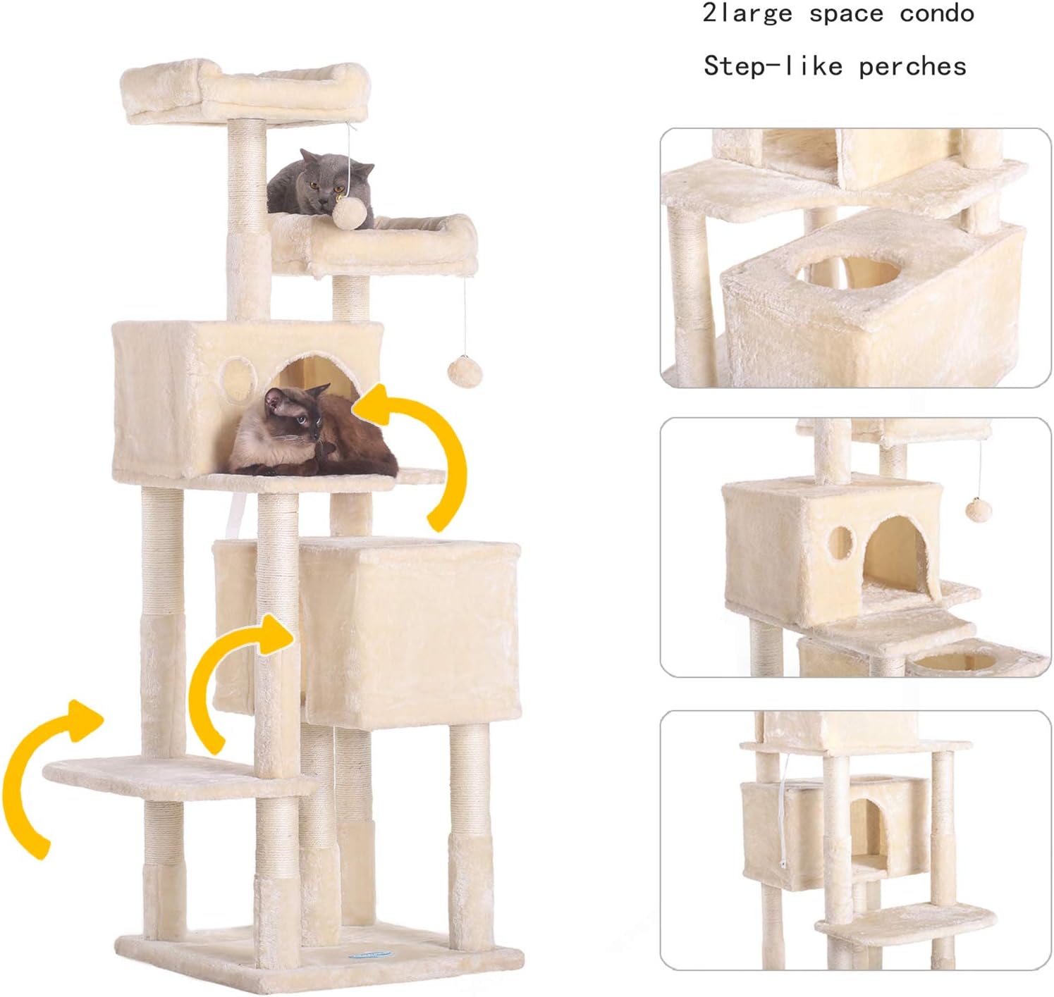 Hey-brother 60 inches Multi-Level Cat Tree Condo Furniture with Sisal-Covered Scratching Posts, 2 Plush Condos, 2 Plush Perches, for Kittens, Cats and Pets, Beige MPJ012M : Pet Supplies