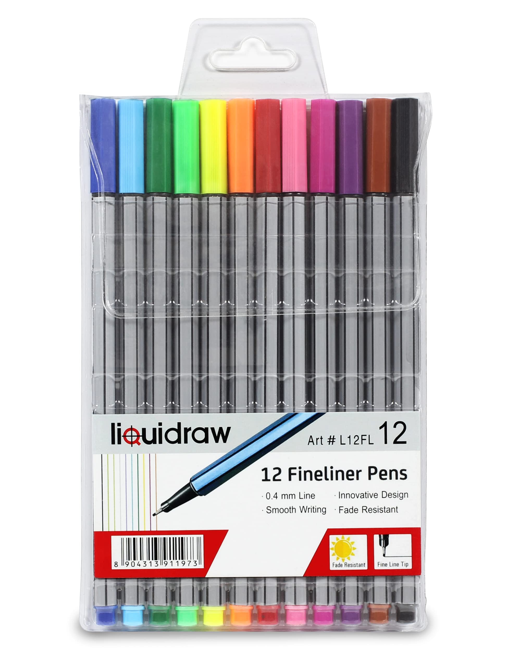 Liquidraw Multicolour Fineliner Pens - Set of 12 Assorted Colours | Fine Point 0.4 mm Tip | Storage Wallet | Coloured Pens For Artists, Handwriting, Drawing, Sketching | Fade Resistant Ink