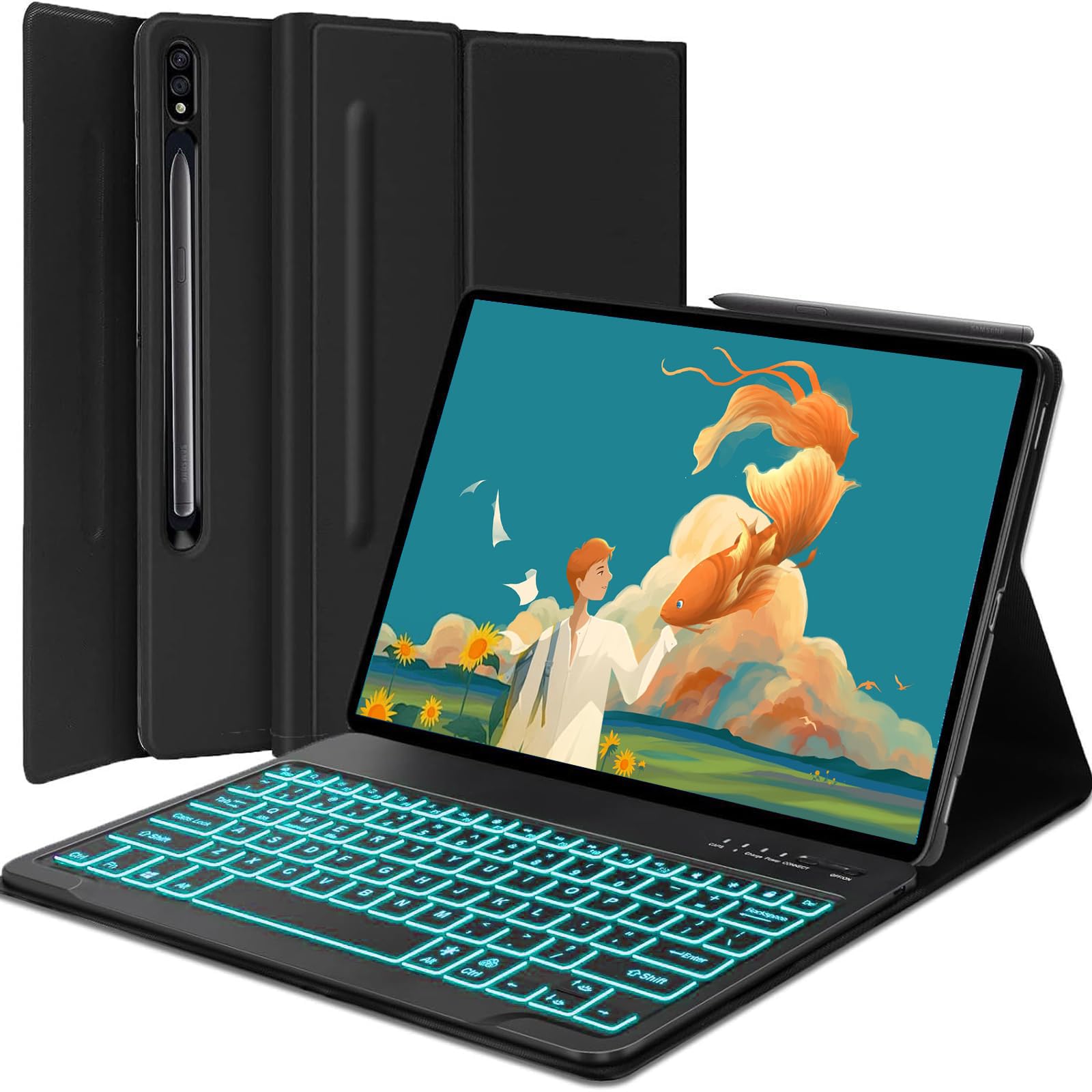 Photo 1 of Keyboard Case for Samsung Galaxy Tab S10+ Plus/S9 FE+ Plus/ S9+ Plus/S8+ Plus/S7 FE/S7+ Plus 12.4inch, 7 Color Backlit Magnetic Detachable Wireless Keyboard & PU Leather Folio Cover with S Pen Holder