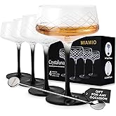 MIAMIO – 9.5 Oz Coupe Glasses Set of 4 with Bar Spoon, Handblown Crystal Cocktail Glasses with Black Stem, Cocktail Glasses, Vodka Martini Glasses, Champagne Coupe Glasses – Crystaluna Collection