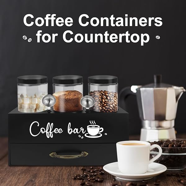 MACIFECI 54 OZ COFFEE CANISTER SET WITH SHELF, COFFEE AND SUGAR CONTAINER SET OF 3 CANISTERS SETS FOR KITCHEN COUNTER, PLASTIC COFFEE BEAN STORAGE CONTAINER WITH SCOOP (BLACK – DRAWER)