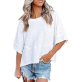 Aisongyuan Womens Fashion T-Shirt Crewneck 3/4 Sleeves Solid Color Loose Basic Tops Summer Casual Tees Blouses