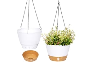 QCQHDU 8 inch Hanging Planter, 2 Pack Self Watering Pots for Indoor Plants Flowers Outdoor Hanging Basket with Reservoir Tray & 3-Hooks Hanger