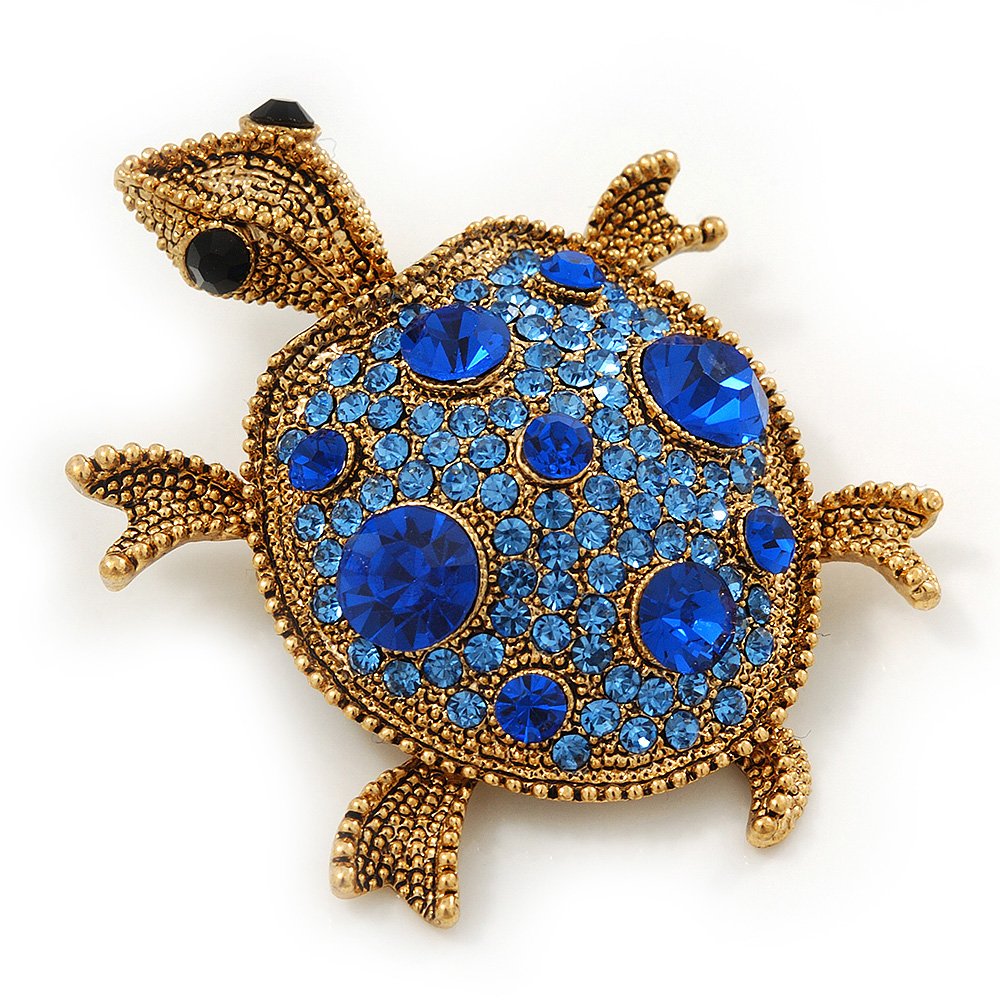 Sapphire/Sky Blue Coloured Diamante 'Turtle' Brooch In Gold Plating - 5.5cm Length