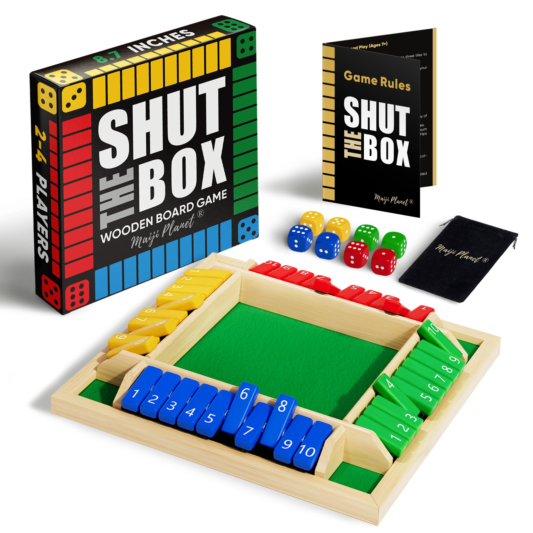 Maiji Planet Classic Original Shut The Box Game, Math Dice Board Game for Family Night Classroom Travel, Wooden Table for Group Kid Adult Senior, Camp Party Bar, Easy Quick and Fun, 2-4 Players