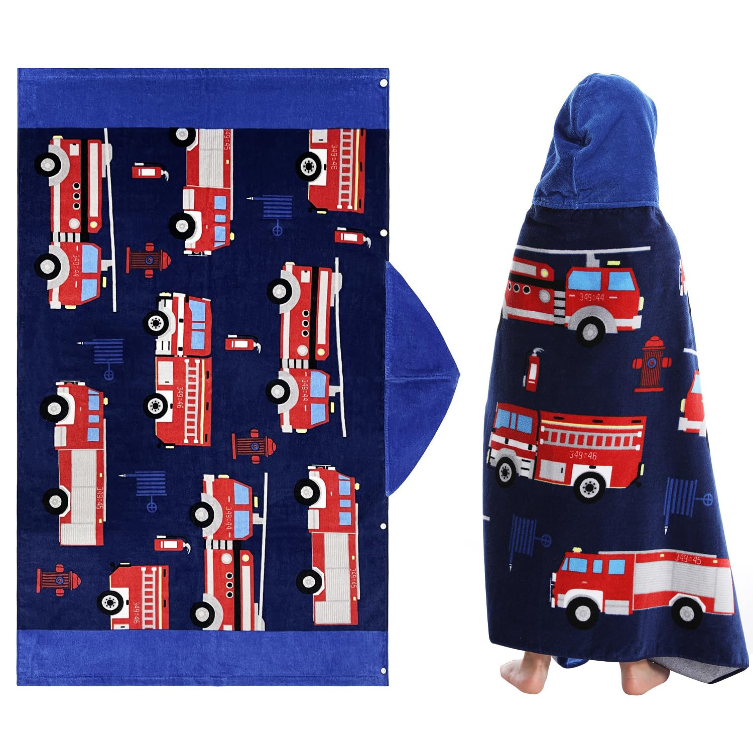 FLYISH DIRECT Kids Towels with Hood, Absorbent Thick Kids Bath Towel with Hood, 100% Cotton Beach towel kids, Boys Hooded Towels for Kids, Fire Truck — image 1