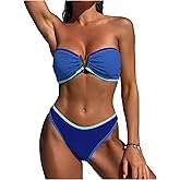 ZAFUL Women's Bandeau Bikini V Strapless Confetti Colorblock Tie Back High Cut Two Piece Swimsuit Bathing Suits