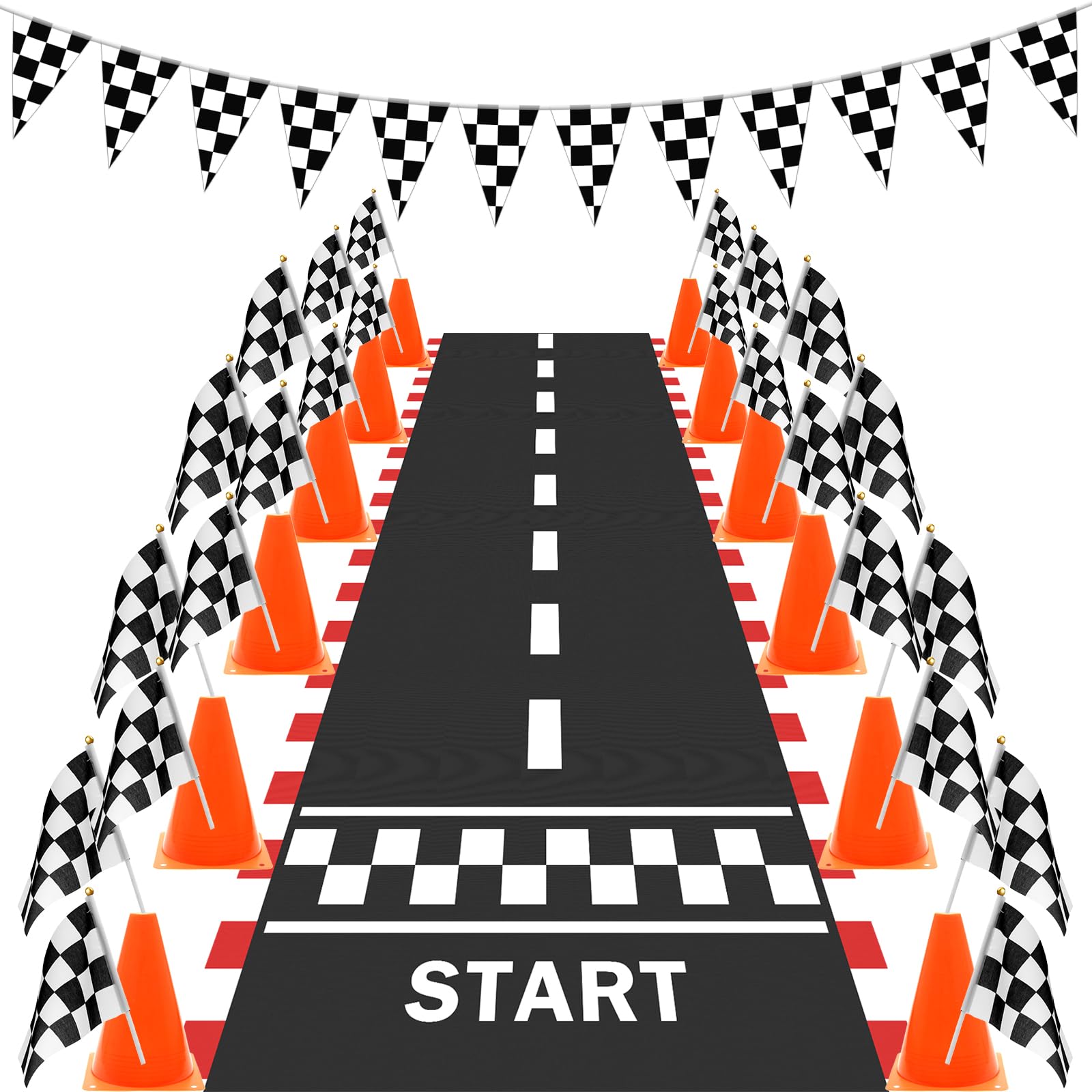Photo 1 of 38 Pcs Checkered Flag Party Supplies, Catcan Race Car Party Decorations Include 24P Racing Checkered Flags Hand Held 12P Traffic Cones 1 Hanging Pennant 1 Racetrack Floor Running