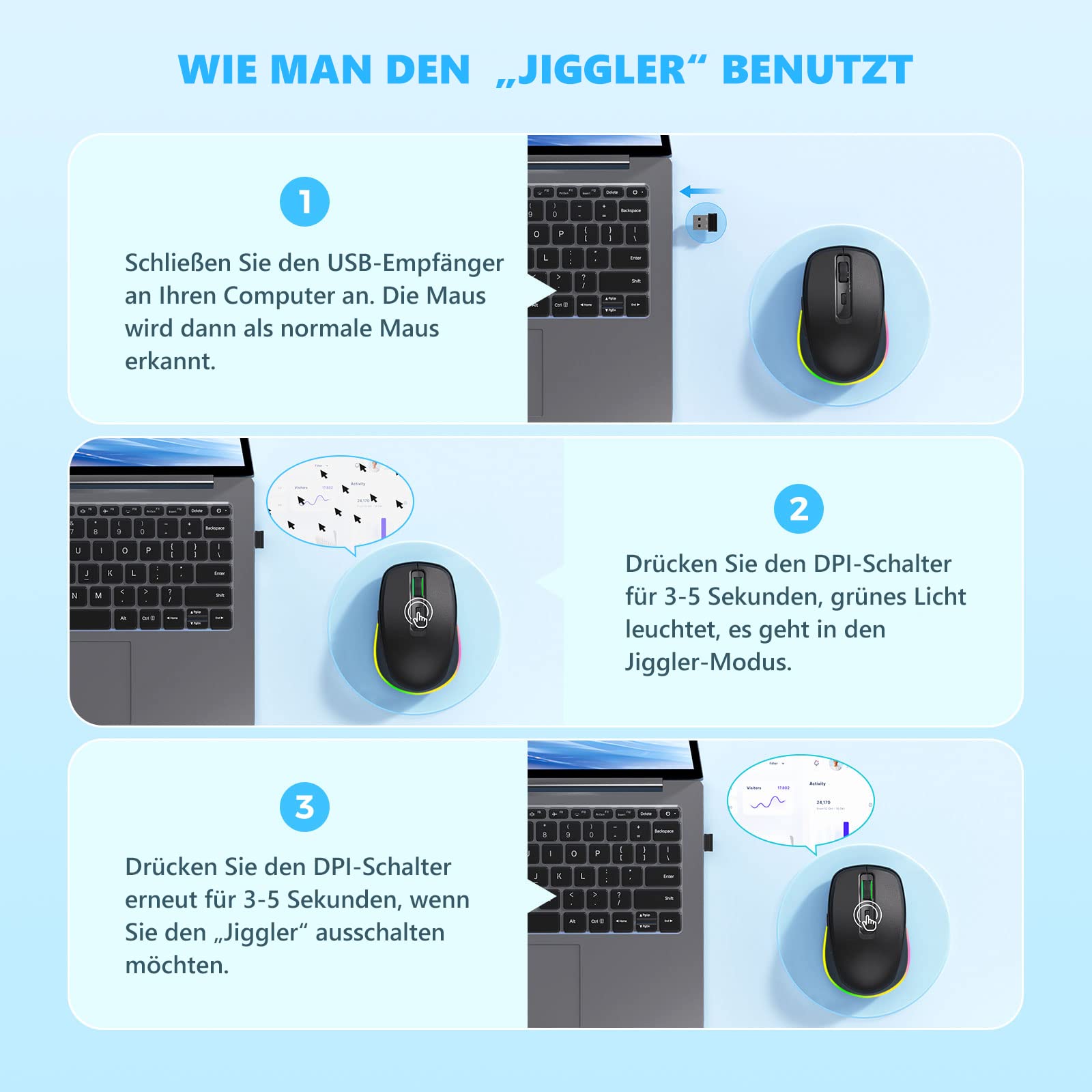 seenda Kabellose Maus mit Jiggler, RGB-Beleuchtung, 2000 DPI, Schwarz 5