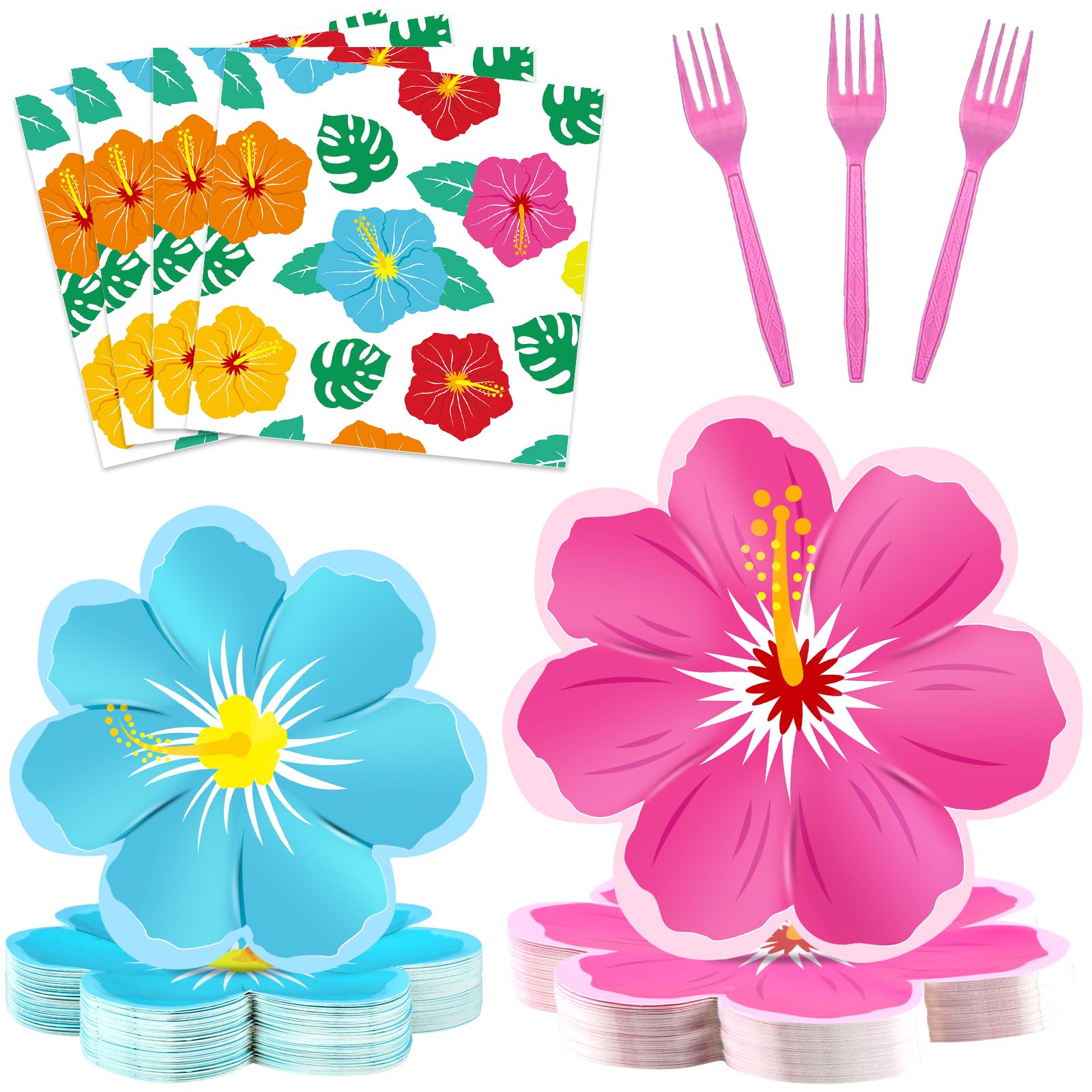 Photo 1 of 96 Pcs Hawaiian Luau Party Supplies Hawaiian Plates and Napkins Summer Hibiscus Theme Party Plates Floral Tropical Party Tableware Set Serves 24 Guests Hawaiian Beach Pool Birthday Party Decorations
