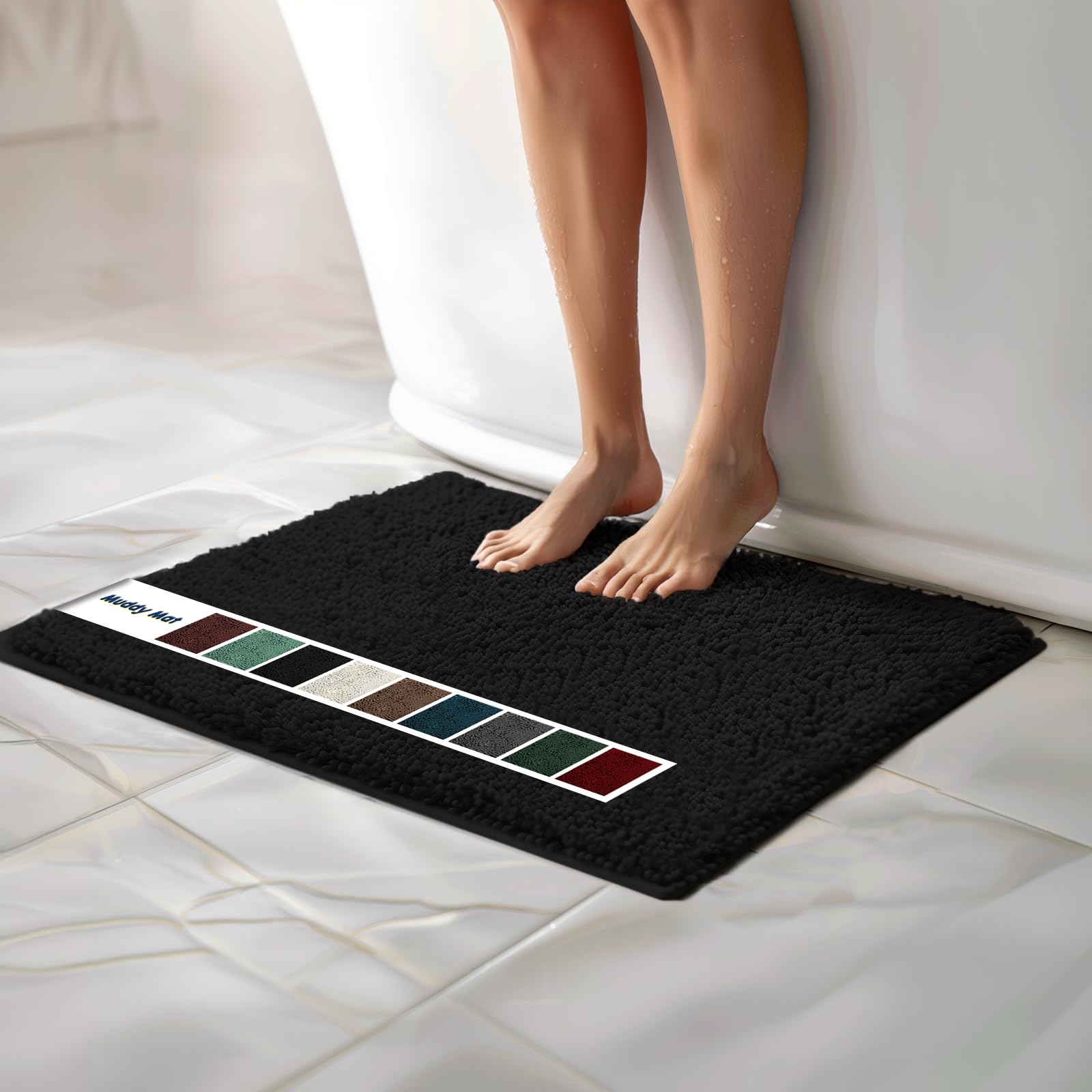 Photo 1 of Muddy Mat Chenille Bathroom Rugs Quick Dry Microfiber Mats Non Slip Washable, Extra Thick, Soft and Highly Absorbent Bath Mats for Bathroom, Kitchen, and Shower Floor - Black Medium 30"X19"