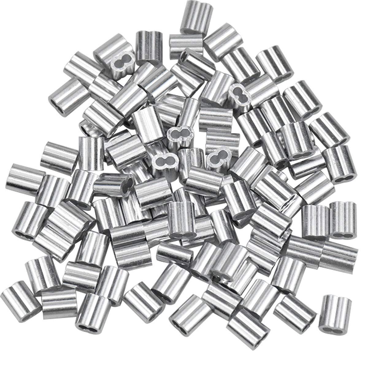 100 Pcs Aluminum Crimping Loop Sleeve Clips, Aluminum Sleeves Clip Fittings with Double Ferrules, Aluminium Ferrules for Wire Rope, Cable Crimps, Silver (1.5 mm/0.06inch)