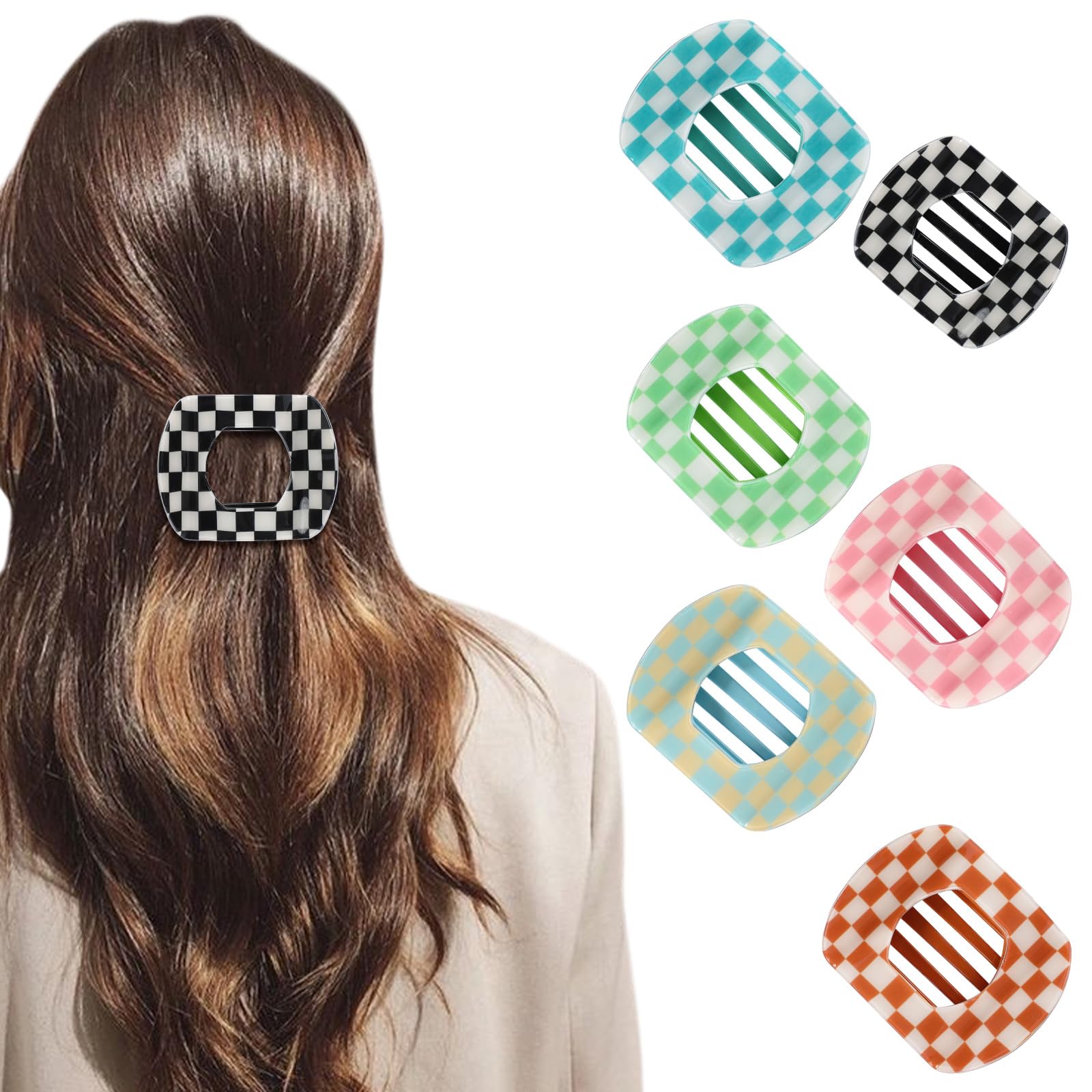 Photo 1 of 6Pcs Flat Hair Clips for Women,Colorful Checkered Flat Top Round Clip for Thick or Thin Hair,Picura Large Hair Claw Clips Strong Hold No Slip Hair Barrettes