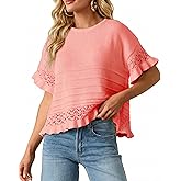 RPYHF Womens Summer Ruffled Short Sleeve Crochet Blouse Sweater Casual Round Neck Ruffle Knit Pullover Sweaters