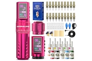 WORMHOLEPRO WORMHOLE PRO 80PCS Tattoo Gun Kit with 7 Adjustable Strokes, 1,800 mAh Capacity Replacement Power Supply, Digital LED Display, 20Pcs Tattoo Needles for Artists - Pink