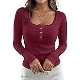 AKLOPVII Women Cute Lace Trim Button Down Cropped T Shirts Y2k Preppy Fall Pointelle Scoop Neck Long Sleeve Crop Tees