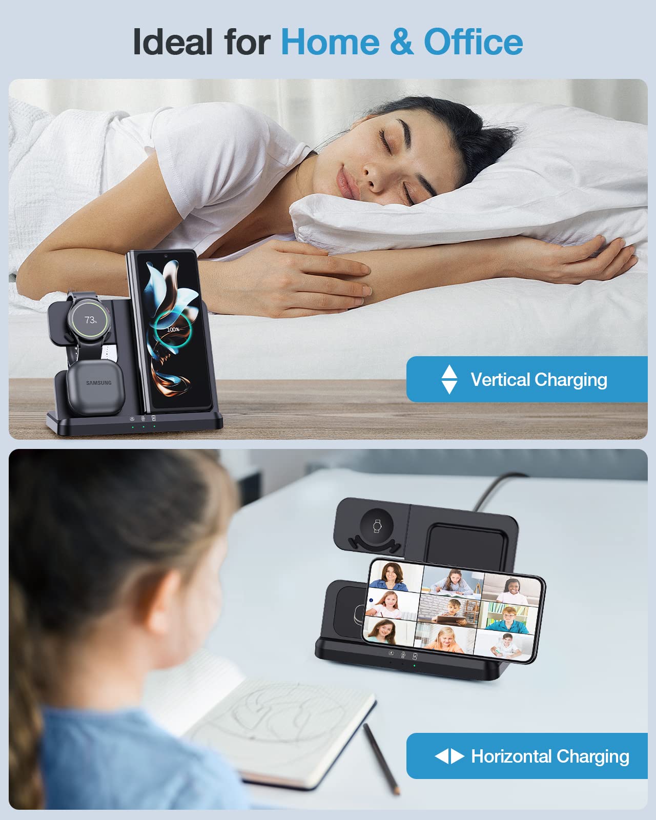 Wireless Charger for Samsung, Metmoon 3 in 1 Samsung Charging Station for Galaxy S23 S22 S21 S20 Ultra Plus/Z Flip Fold 5 4 3/Note 20, Galaxy Watch 5 Pro/5/4/3/Active 2/1, Buds+/Pro/Live(With Adapter)