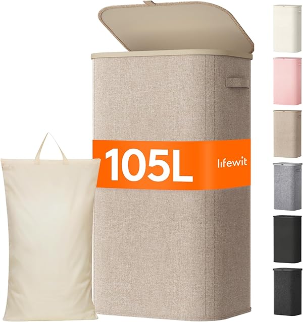 Lifewit 105L Wäschekorb mit Deckel, hoher Wäschekorb mit Kunststoffrahmen, faltbarer großer Wäschekorbsammler, Wäschekörbe für Schlafzimmer, Bad, Beige