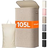 Lifewit 105L Large Laundry Basket with Lid, Laundry Hamper with Plastic Handles and Removable Bag, Foldable Tall Dirty Clothes Hampers for Laundry for Laundry Room, Bedroom, Bathroom, Dorm, Beige
