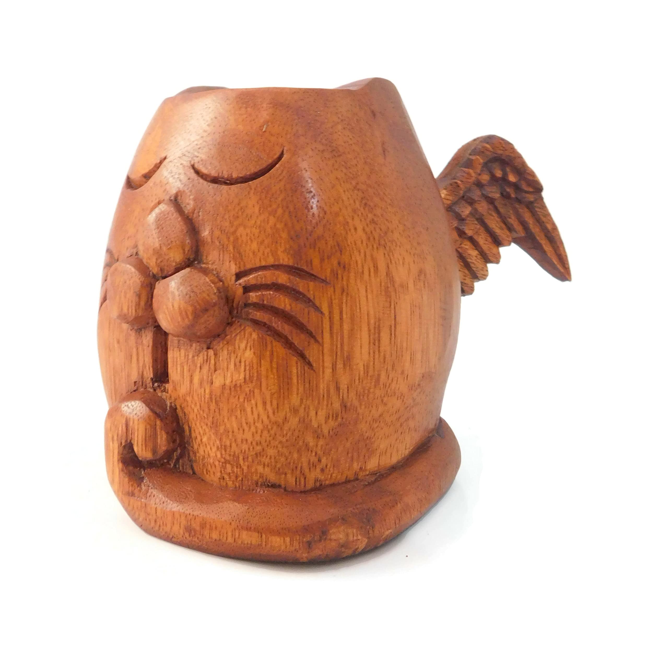 Brave Wings Hand Carved Wooden Animal ~ My Cat in Heaven ~ OOAK Sculpture Figurine Statue Unique Table Decoration Home Decor Gift for Christmas and Birthdays ~ 4645