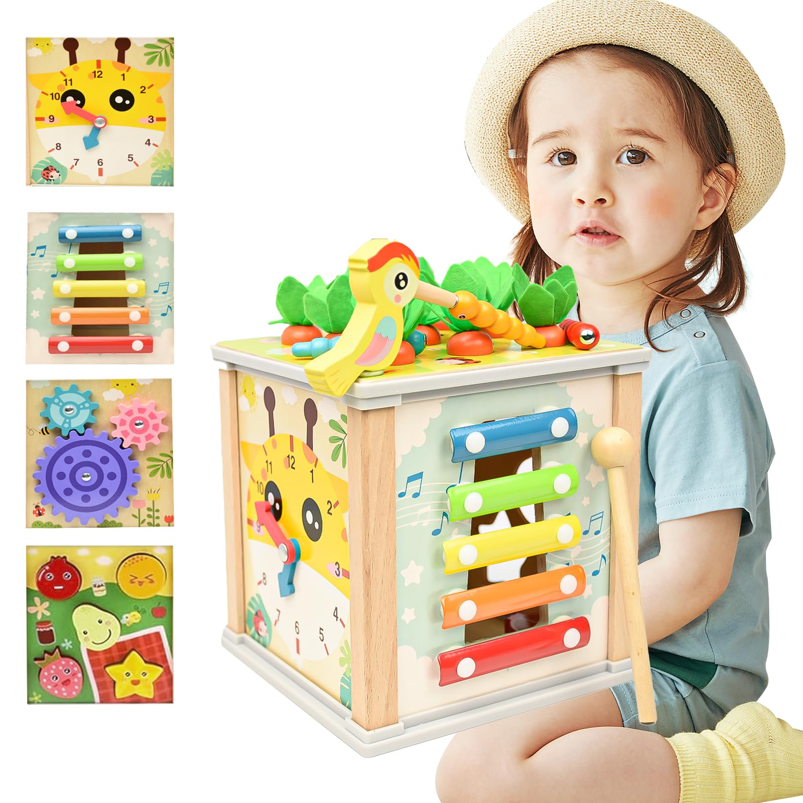Kikuo Wooden Activity Cube 6 in 1 - Montessori Toys With Sorting & Stacking Game, Multi-Functional Treasure Box, Carrot Stacking Game for 2-4 Year Old Boys and Girls