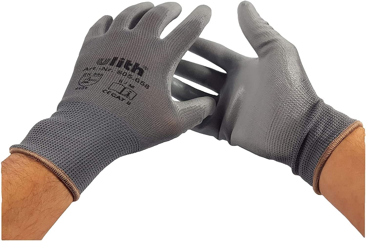 12 Pair of Work Gloves Construction Gloves Mounting Gloves with PU Coating of Ulith 420 en 388 Various Sizes in Grey Colour, grey