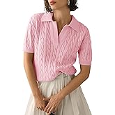 Imily Bela Women's Cable Short Sleeve Sweaters Tops Solid Lapel V Neck Knit Casual Soft Pullover Shirt