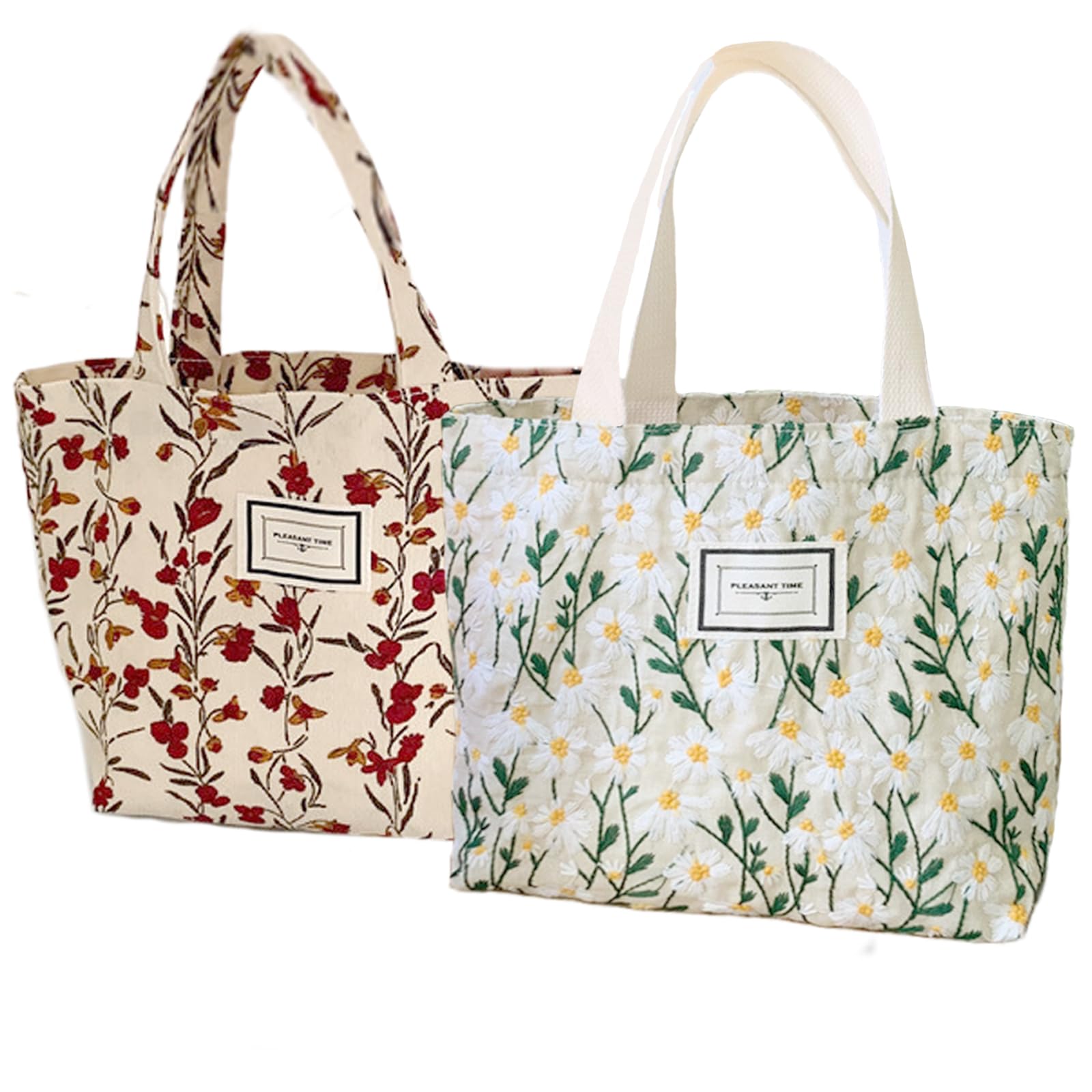 Photo 1 of Kovewon 2PCS Small Tote Bag for Women Mini Canvas Embroidered Daisy Book Tote Bag Cute Corduroy Aesthetic Floral Reusable Bags for Grocery, Essentials, Water Bottle, Keys, Book, Bible